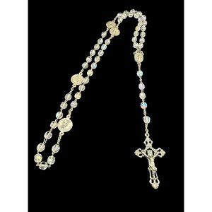 Vintage Signed INRI Cut Aurora Glass Crystal Jesus Rosary ITALY